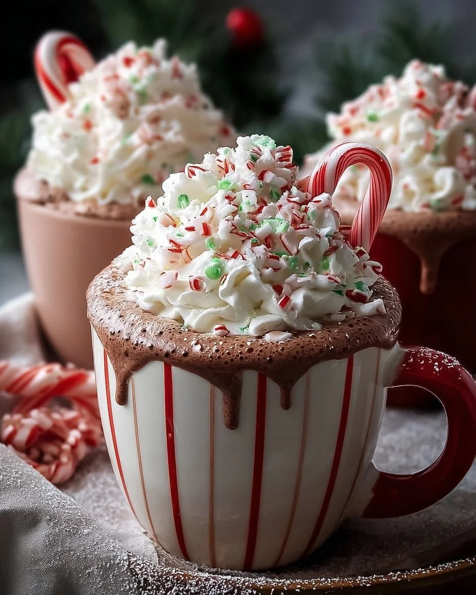 Festive peppermint hot cocoa cups decorated for the holidays