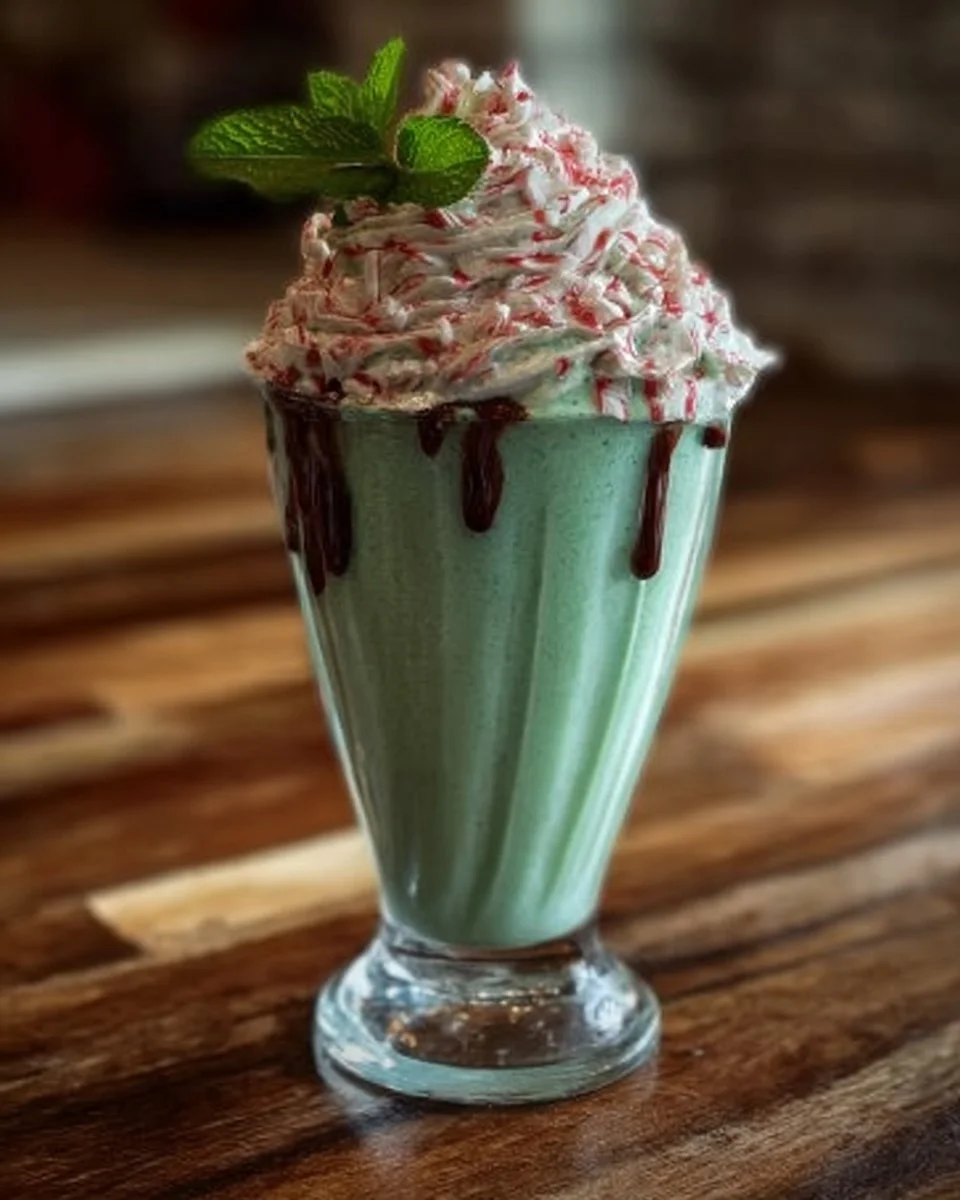 Delicious peppermint milkshake topped with whipped cream and mint leaves