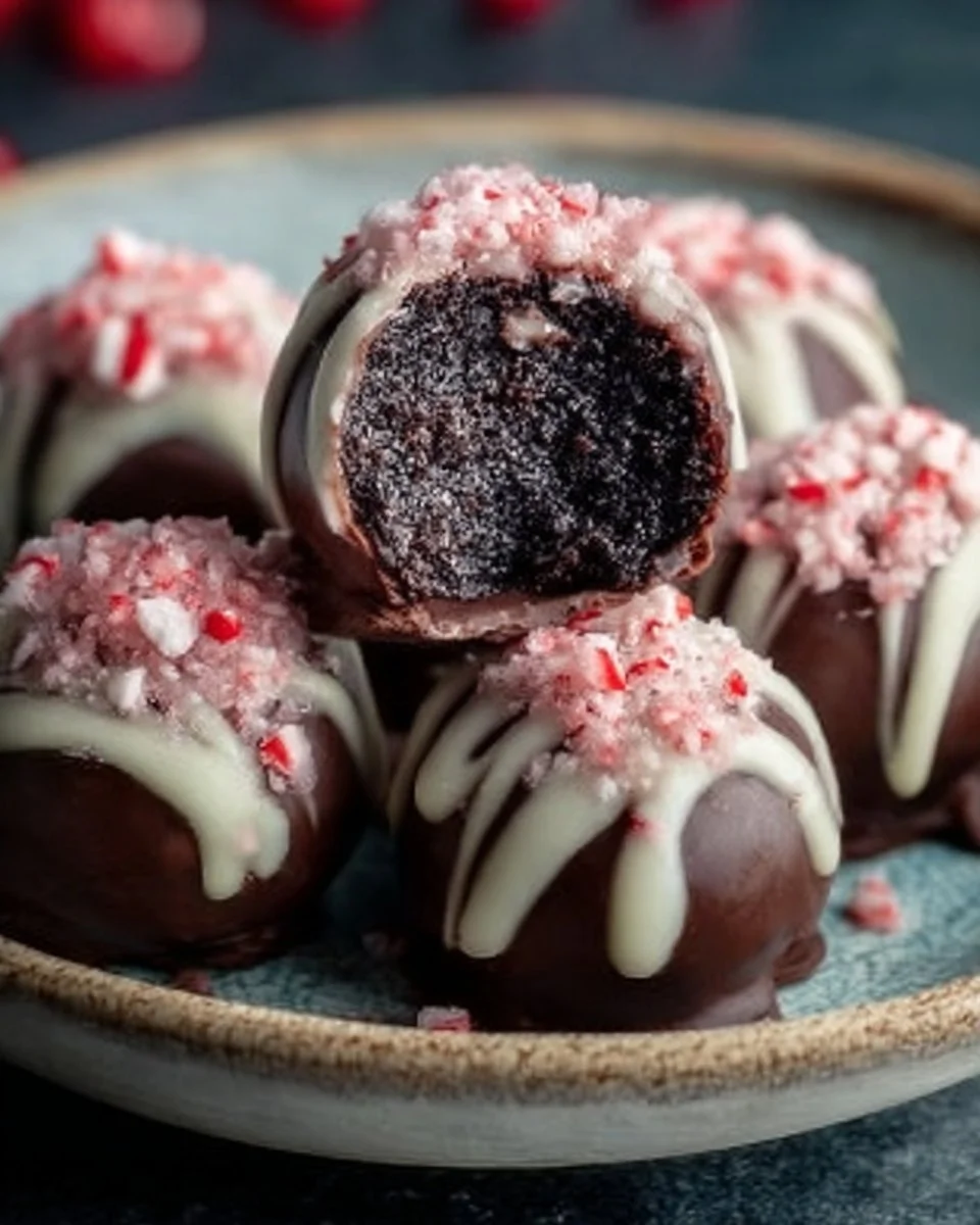 Peppermint Oreo Truffle Bites 1 Delicious Peppermint Oreo Truffle Bites arranged on a festive plate