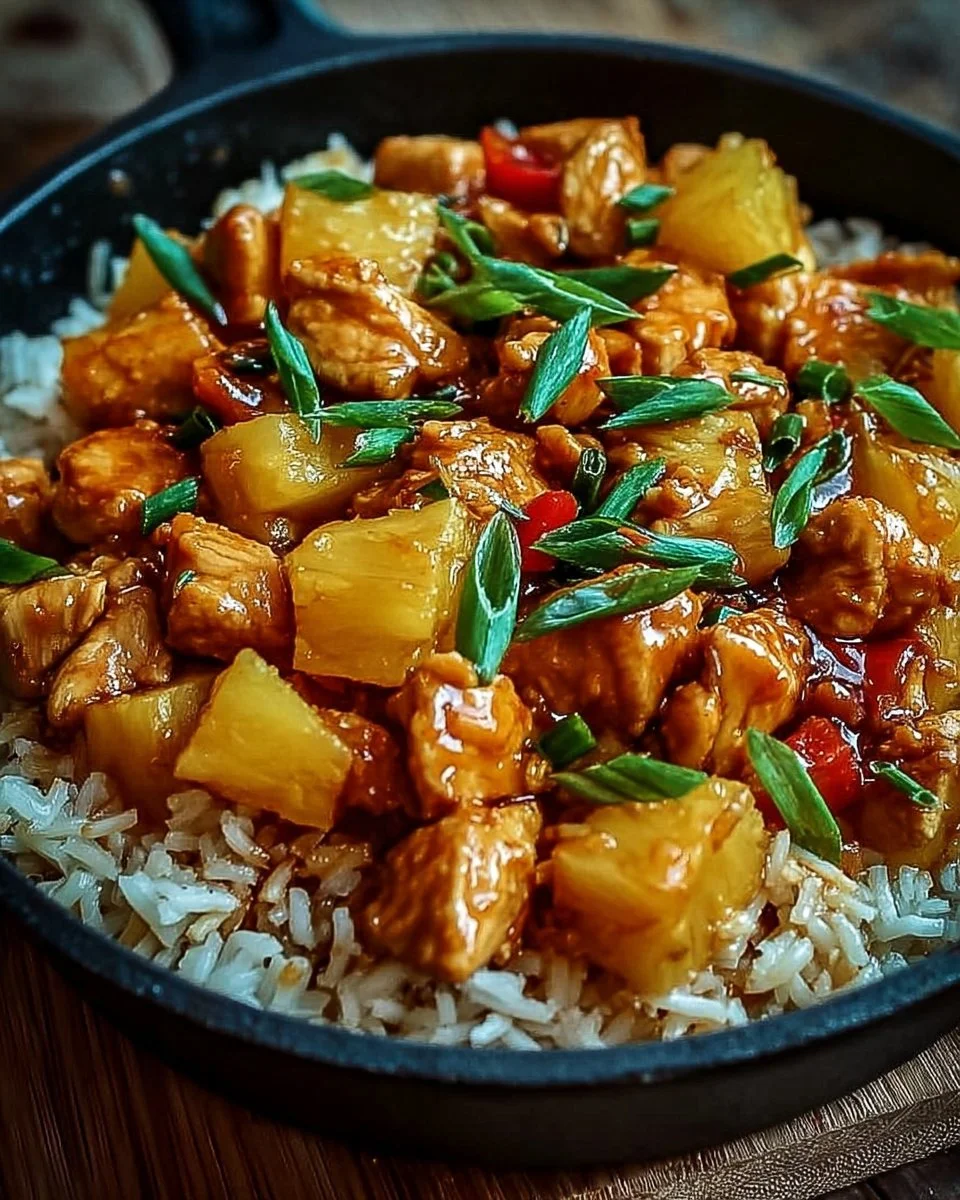 Pineapple Chicken and Rice Skillet 1 Delicious Pineapple Chicken and Rice Skillet presented in a colorful dish