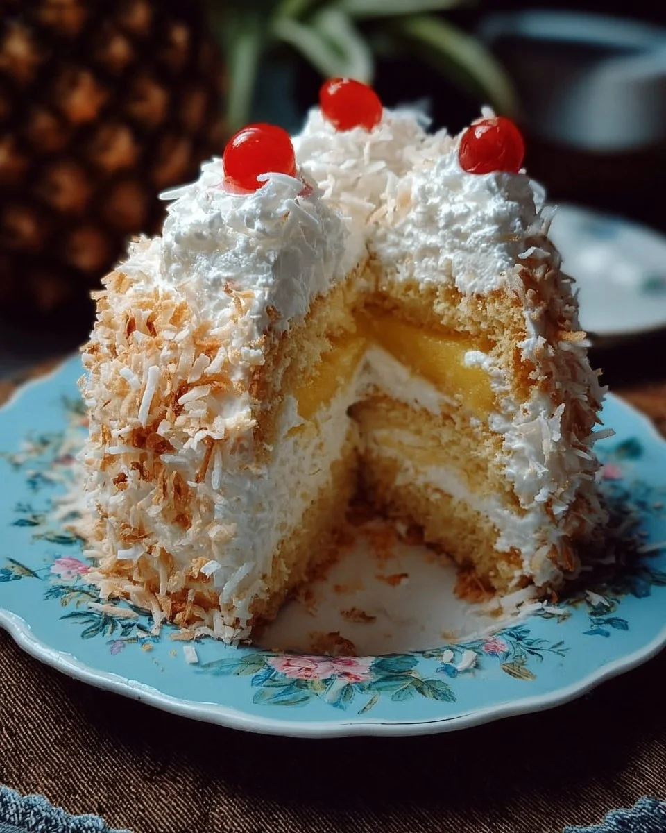 Pineapple Coconut Cake 1 Delicious Pineapple Coconut Cake topped with coconut flakes and pineapple slices.