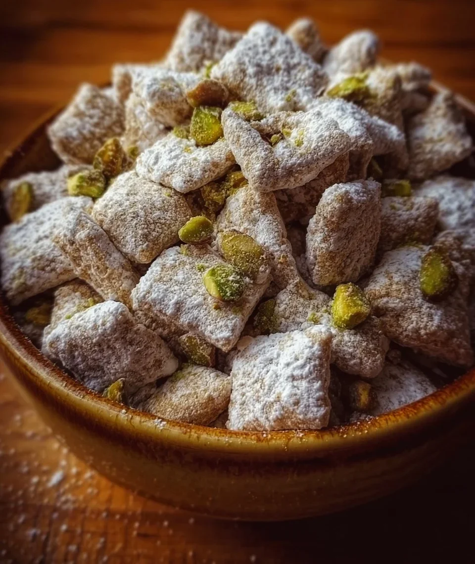 Pistachio Puppy Chow 1 Delicious Pistachio Puppy Chow snack mix in a colorful bowl