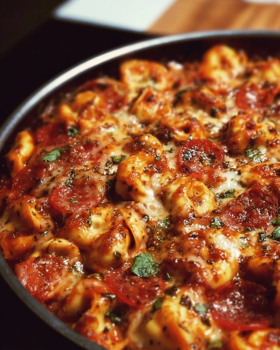 Delicious Pizza-Style Meat Lovers Tortellini served with marinara sauce