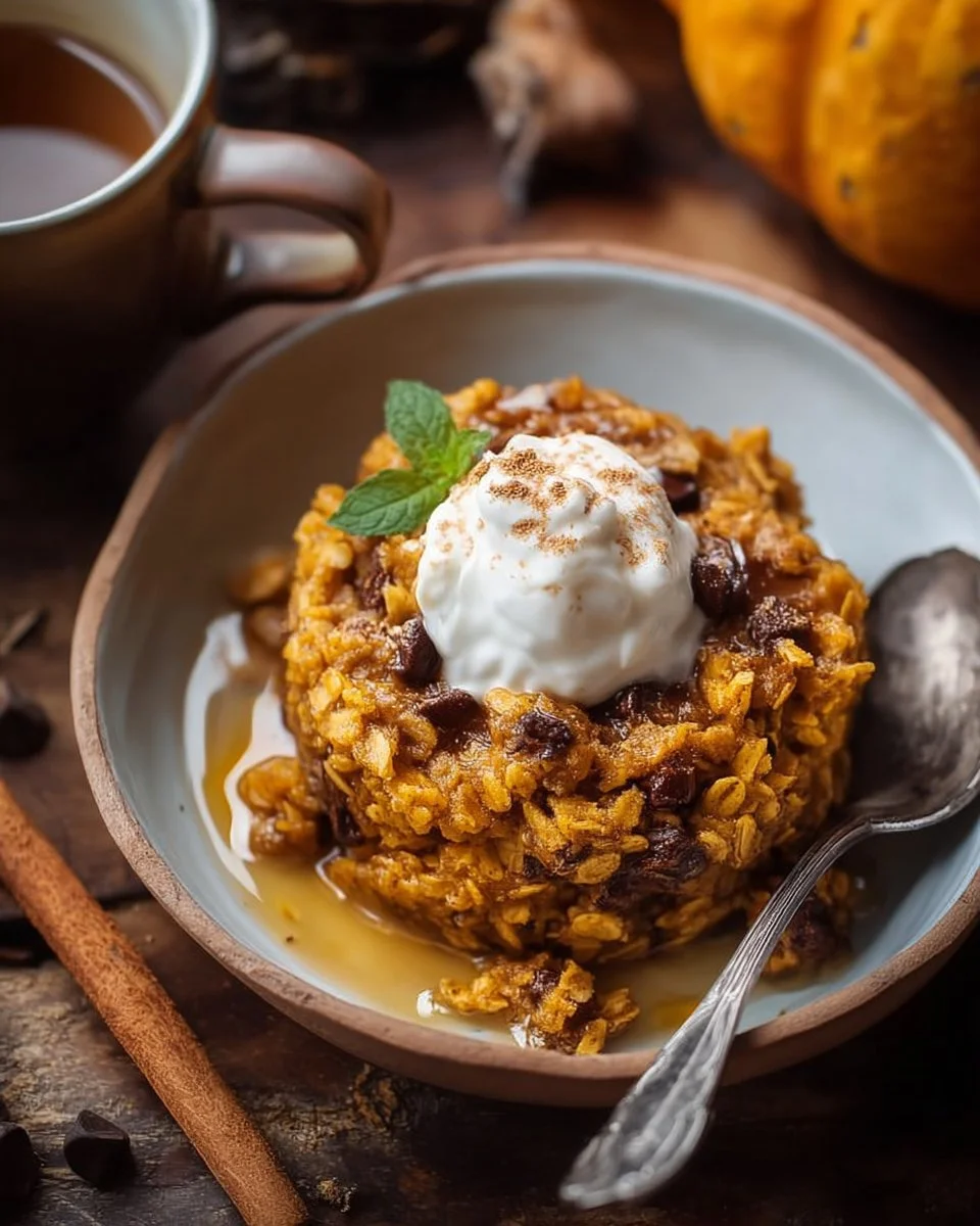 Delicious pumpkin baked oatmeal served in a bowl with spices and nuts