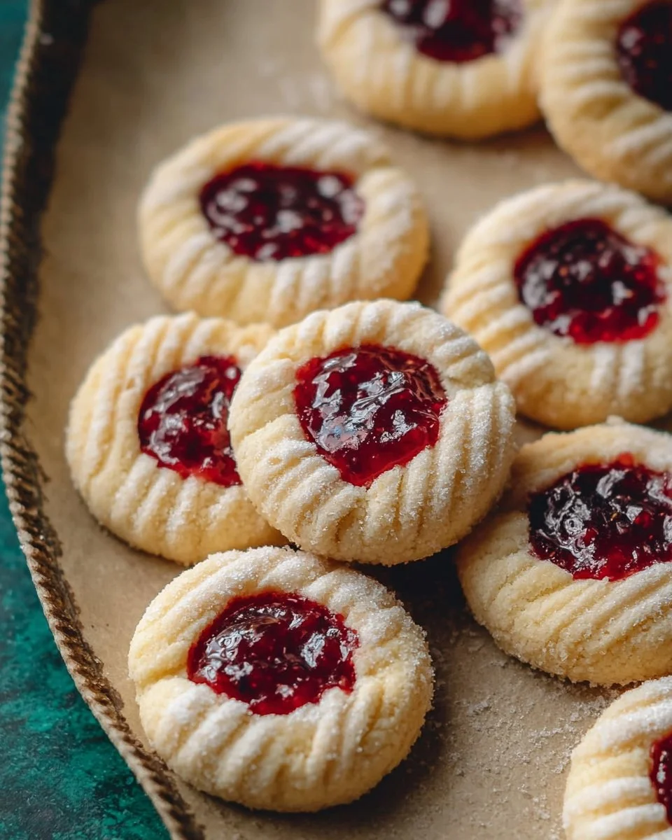 Raspberry Almond Thumbprint Cookies arranged on a plate for a delicious dessert.