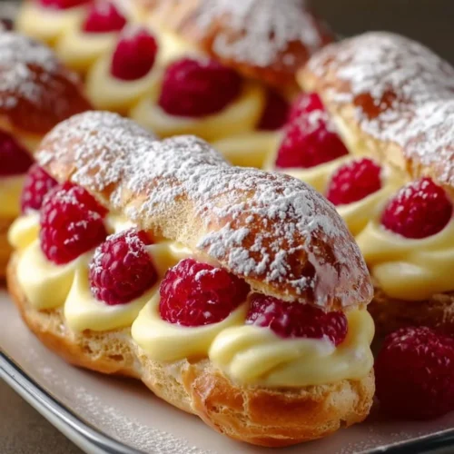 Raspberry Lemon Éclairs 2 Delicious Raspberry Lemon Éclairs topped with fresh raspberries and lemon zest