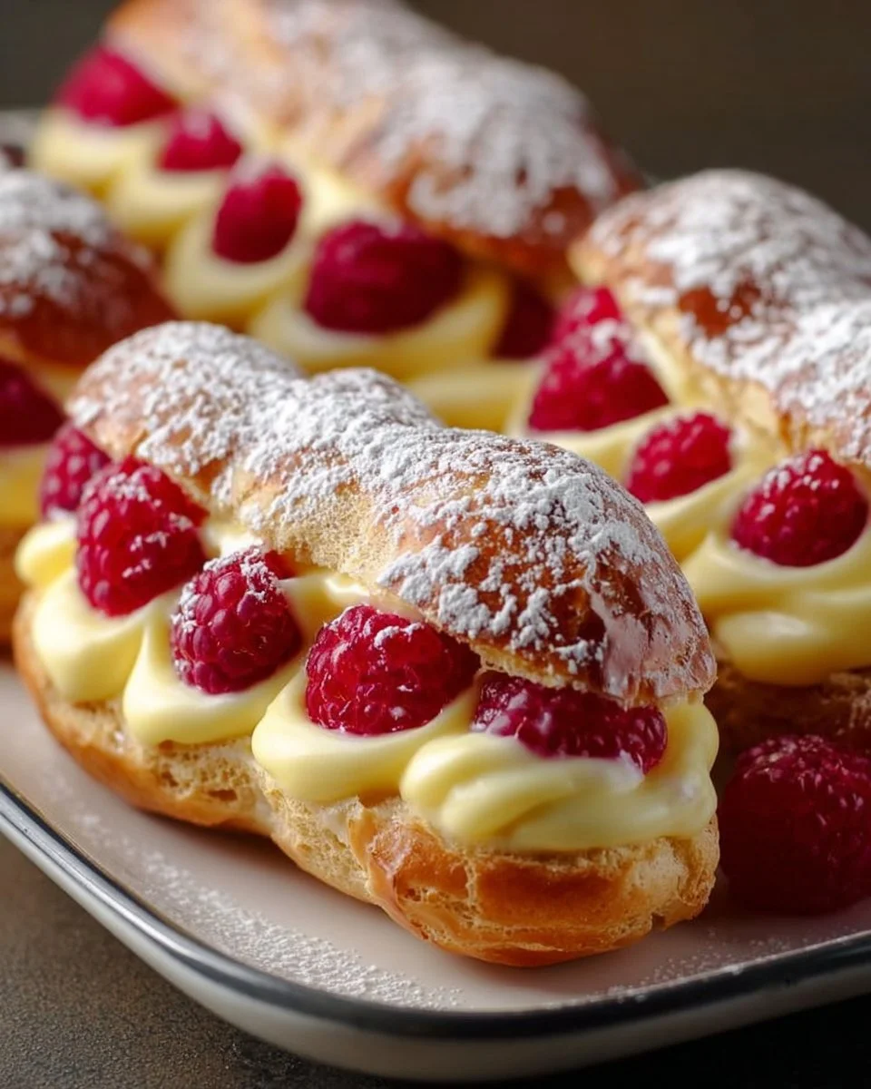 Delicious Raspberry Lemon Éclairs topped with fresh raspberries and lemon zest