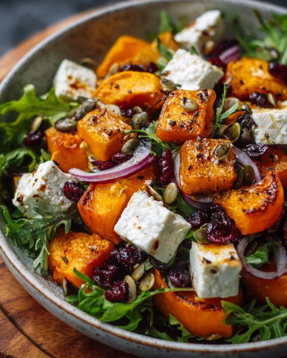 Roasted Pumpkin Feta Salad 1 A vibrant Roasted Pumpkin Feta Salad with greens and seeds.
