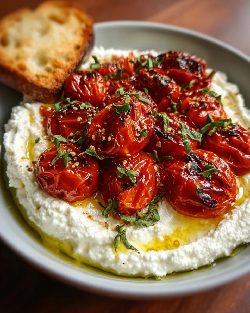 Creamy roasted tomato whipped feta served in a bowl with fresh herbs