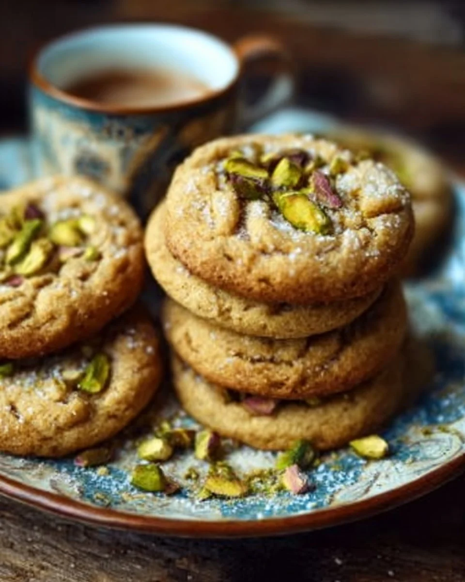 Freshly baked salted honey pistachio cookies on a decorative plate