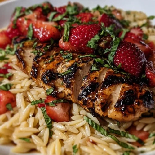 Savor the Flavor: Strawberry Balsamic Chicken Orzo Delight 2 Plate of Strawberry Balsamic Chicken served with orzo pasta and garnished with fresh strawberries.