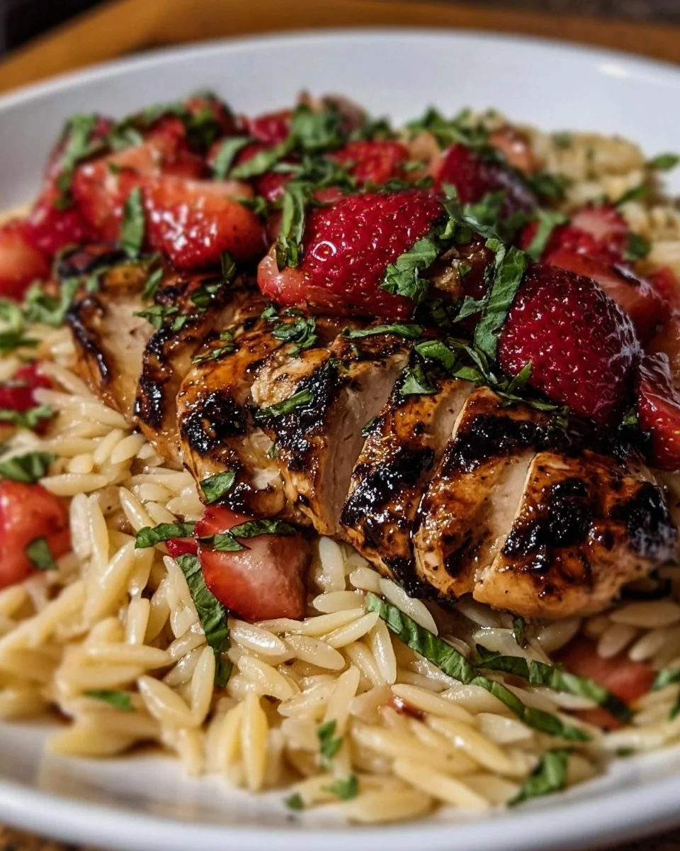 Plate of Strawberry Balsamic Chicken served with orzo pasta and garnished with fresh strawberries.