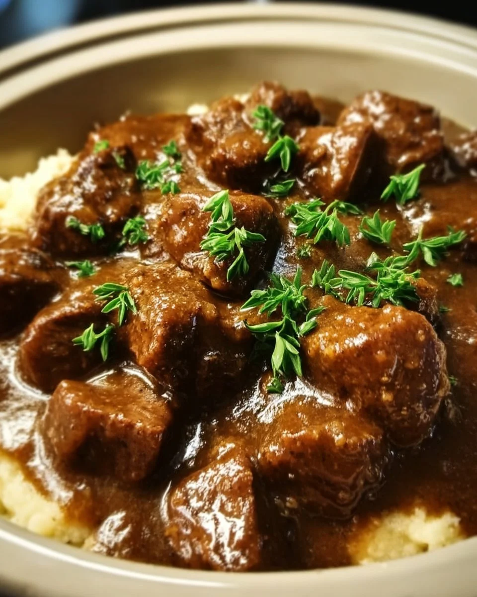 Savory Crock Pot Beef Tips and Gravy for Cozy Nights 1 Savory crock pot beef tips simmering in rich gravy for a comforting meal.