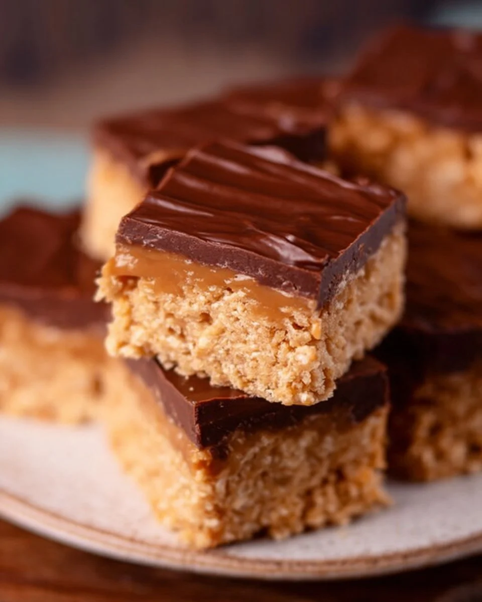 Classic Scotcheroos Dessert : A Sweet and Chewy Family Favorite 1 Delicious Scotcharoos bars made with chocolate and butterscotch on a wooden table