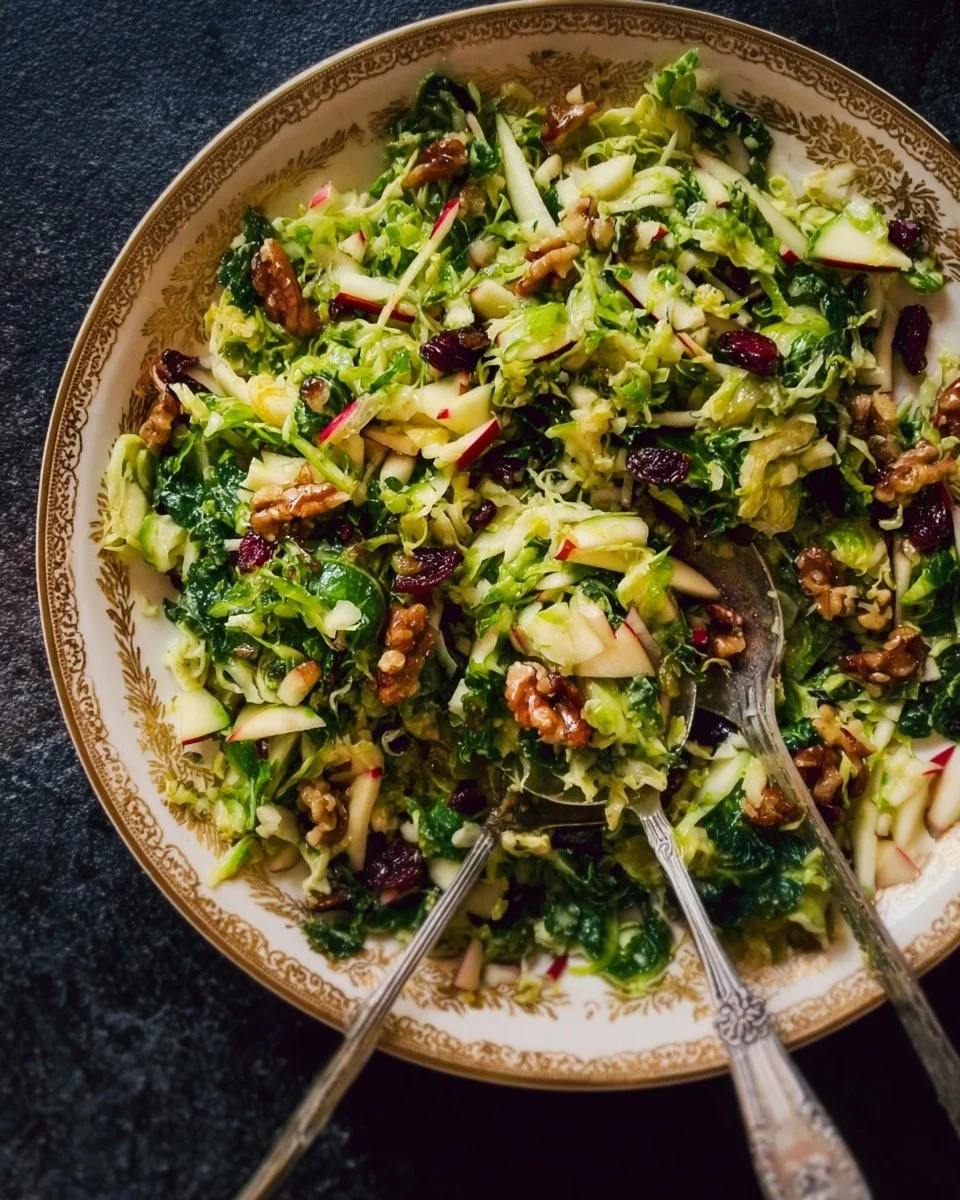 Shaved Brussels Sprout Salad with Apples and Dates 1 Shaved Brussels sprout salad with apples and dates served in a bowl