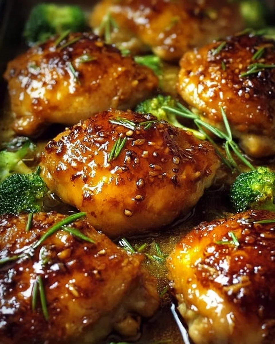 Delicious sheet pan honey garlic chicken with vegetables ready to serve.