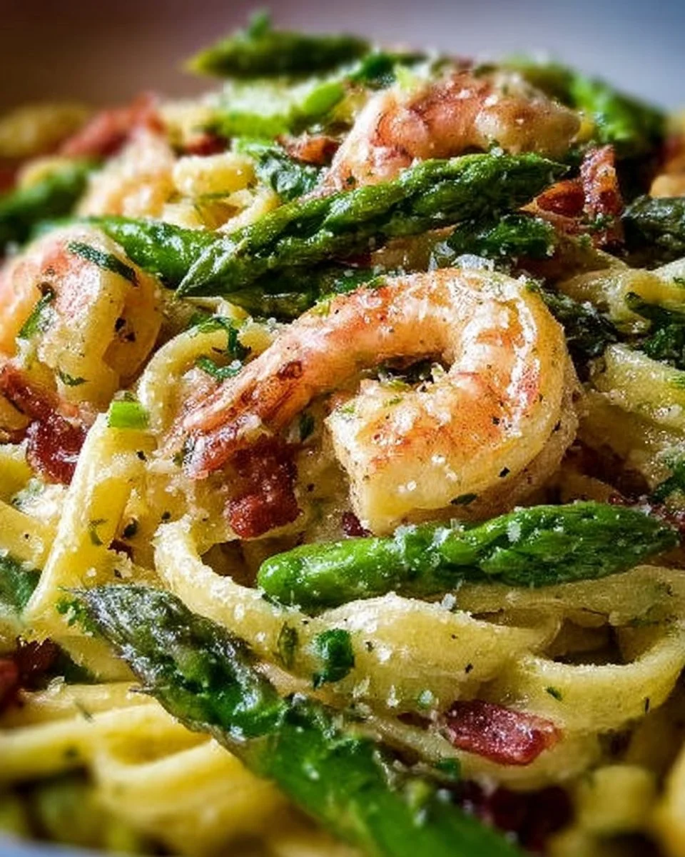 Shrimp Asparagus Carbonara 1 Delicious Shrimp Asparagus Carbonara served in a bowl, showcasing creamy pasta and fresh ingredients.