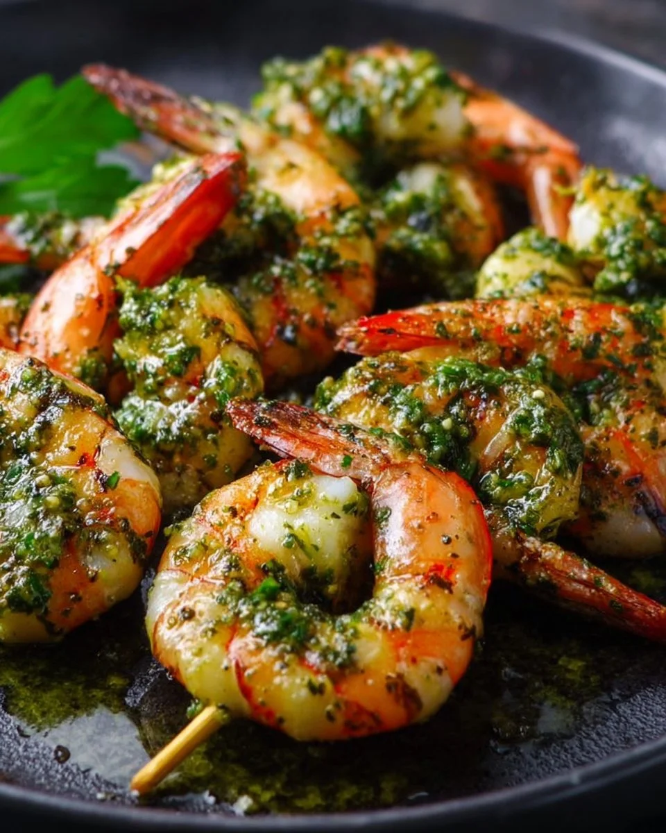 Shrimp with Pesto 1 Plate of shrimp with pesto sauce and fresh basil garnish