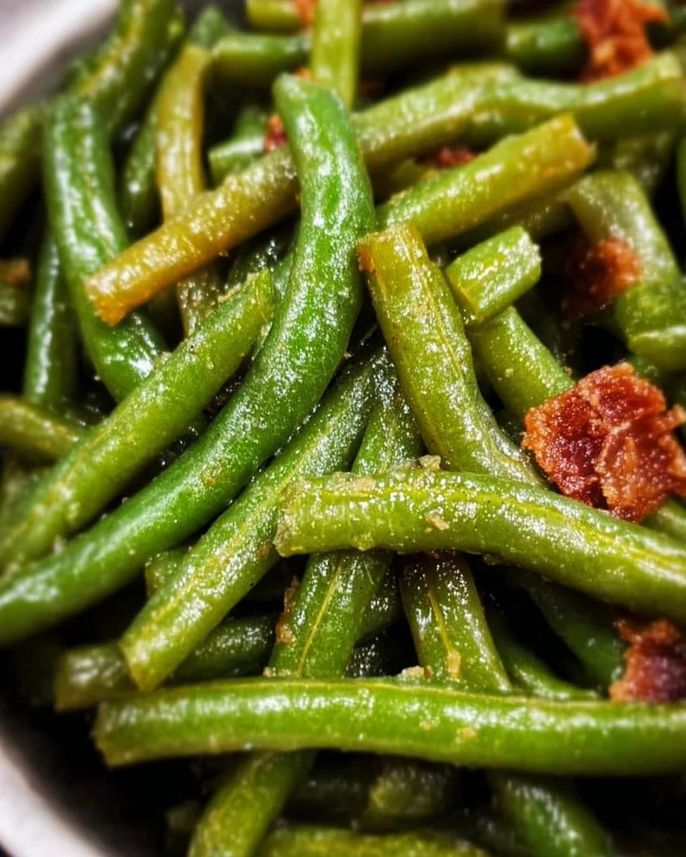 Bowl of simple seasoned green beans topped with herbs and spices