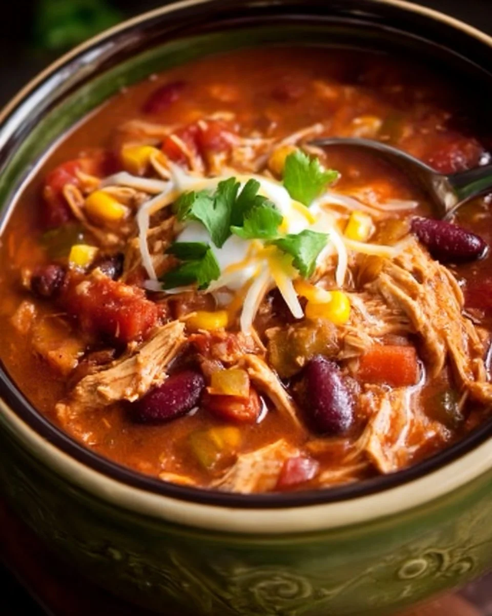 Delicious slow cooker chicken chili garnished with fresh herbs