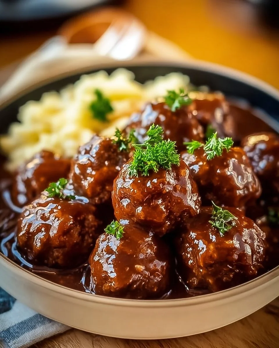 Slow Cooker Salisbury Steak Meatballs 1 Slow Cooker Salisbury Steak Meatballs served with gravy on a plate