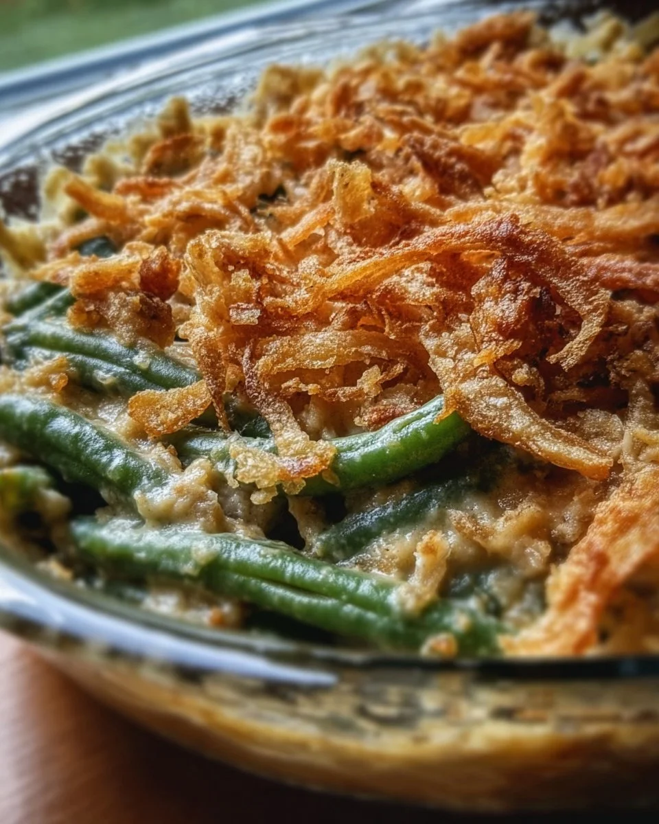 Southern-Style Green Bean Casserole 1 Delicious Southern-Style green bean casserole topped with crispy onions.