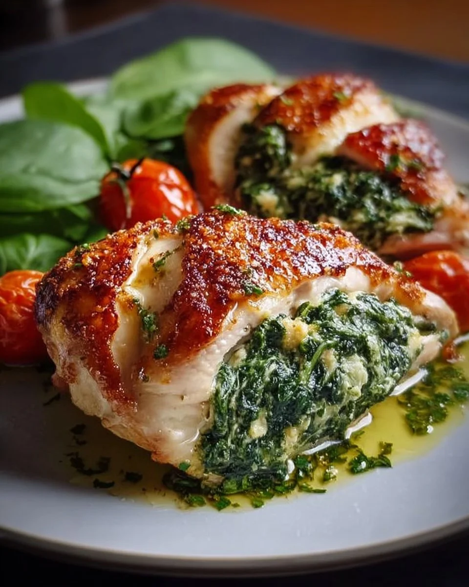 Spinach Stuffed Chicken 1 Delicious spinach stuffed chicken breast baked to perfection.