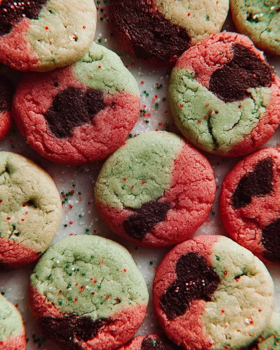 Spumoni Cookies 1 Homemade spumoni cookies with chocolate, cherry, and pistachio flavors on a plate