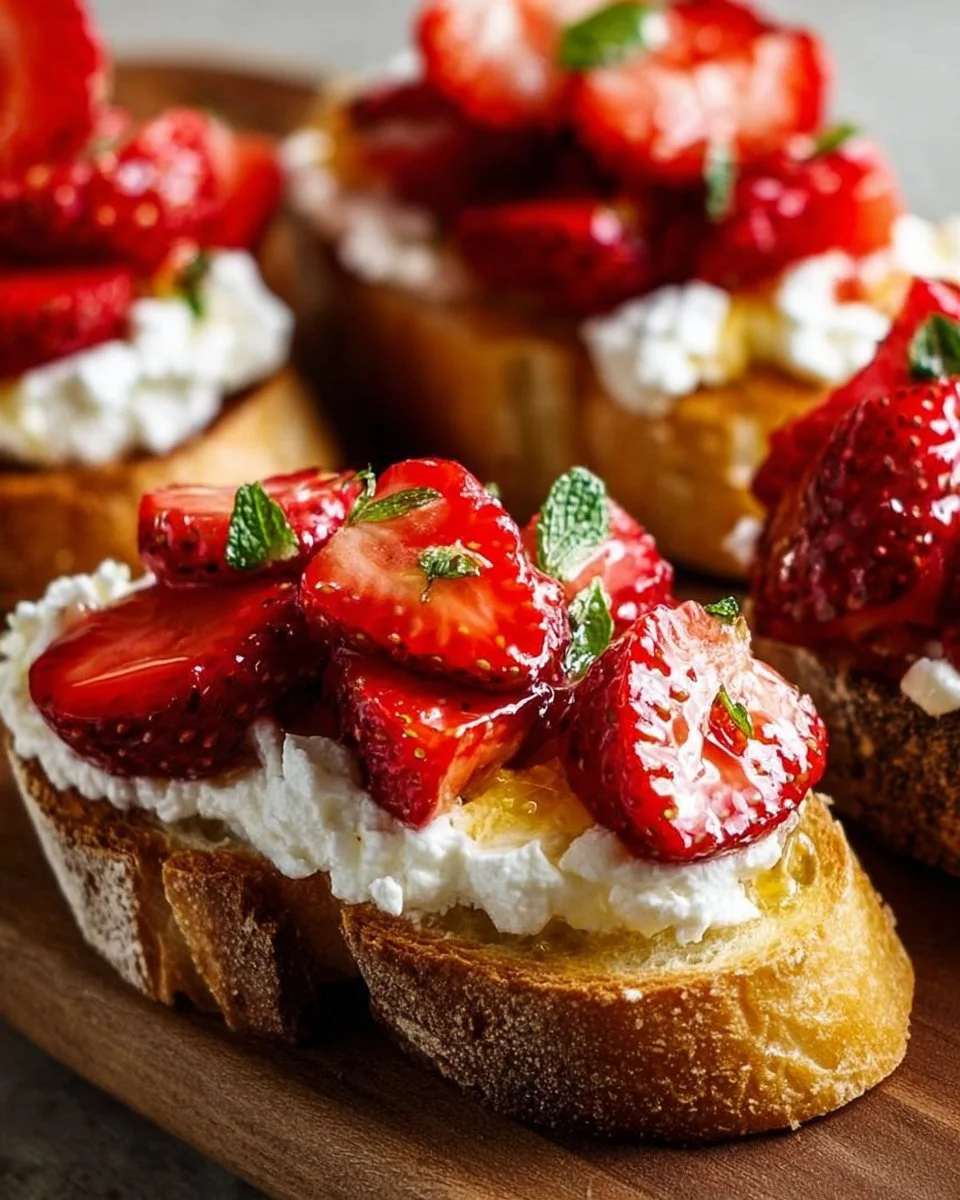 Strawberry Goat Cheese Crostini served on a wooden platter