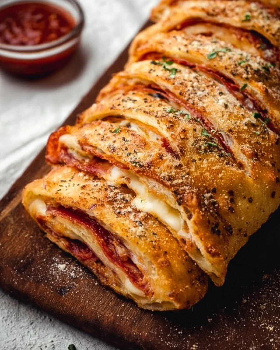 Homemade Stromboli filled with cheese, meats, and veggies, served on a wooden board.