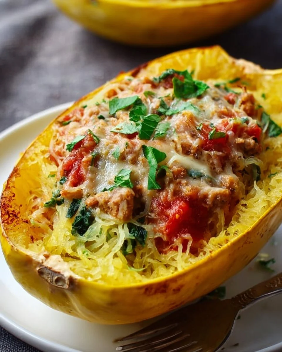 Delicious stuffed spaghetti squash with colorful vegetables and herbs