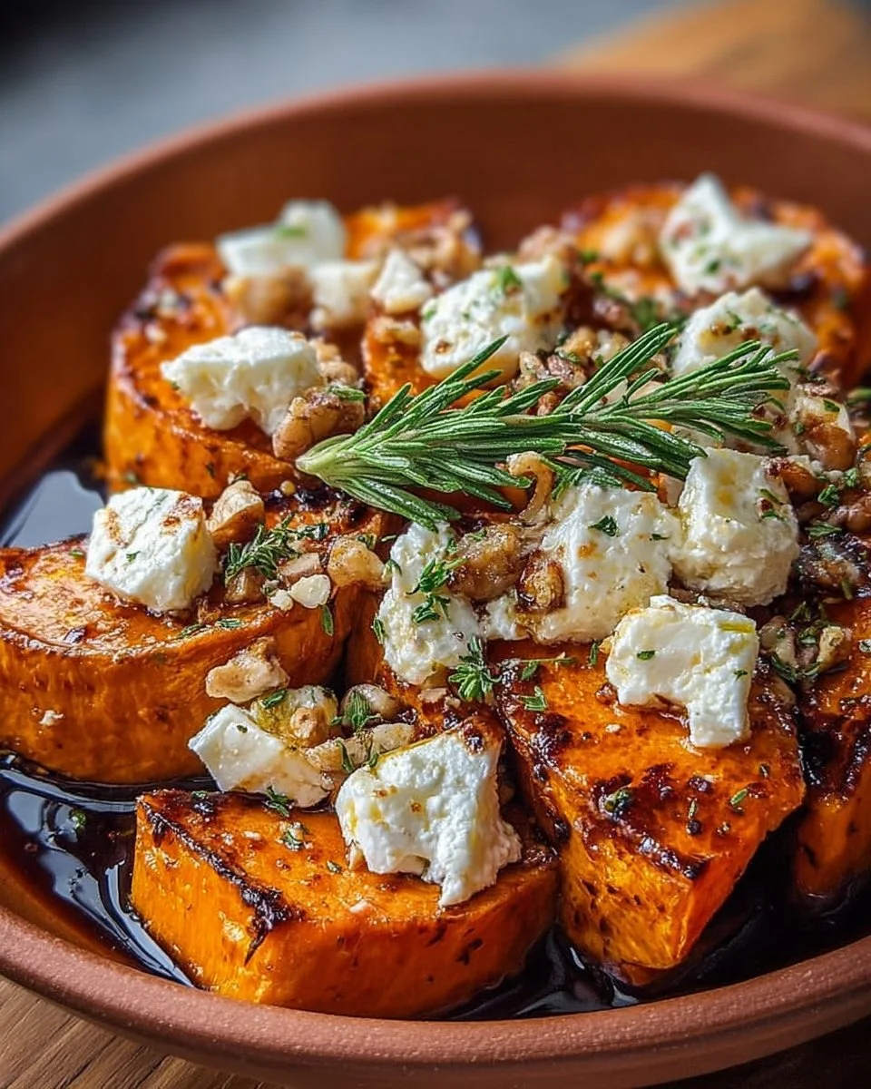 Sweet potato and goat cheese side dish beautifully plated with garnish.