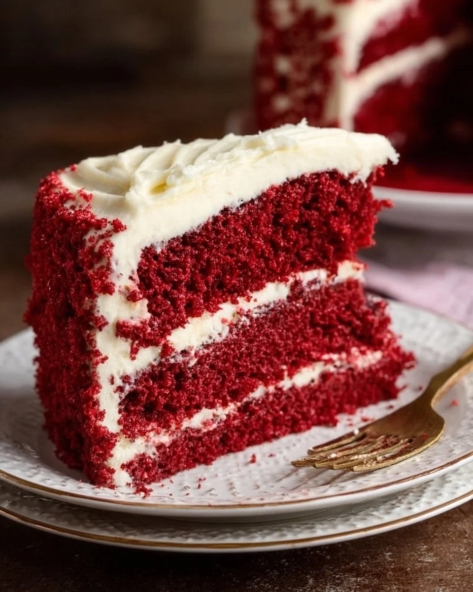 Decadent slice of soft and creamy red velvet cake on a white plate