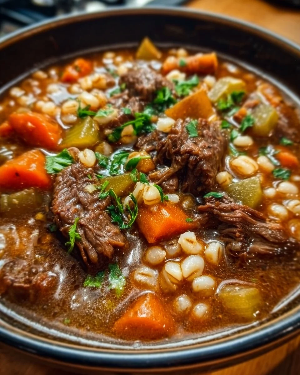 Delicious thick crockpot beef and barley soup filled with tender beef and grains