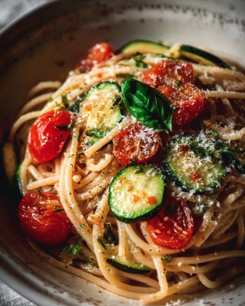 Plate of Tomato Zucchini Pasta garnished with fresh herbs
