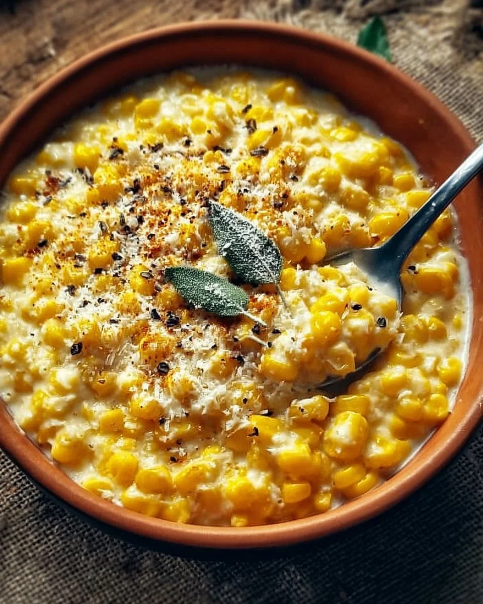 Truffle Parmesan Creamed Corn served in a bowl garnished with herbs