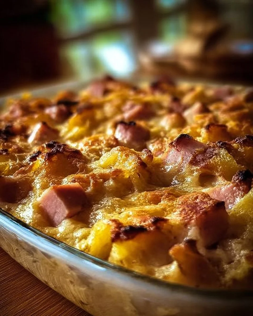 Delicious Turkey and Ham Casserole served in a baking dish