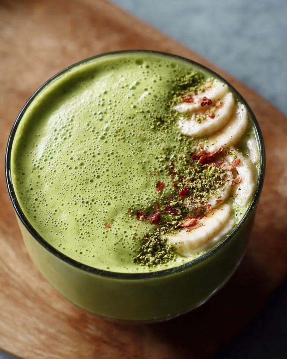 Ultimate Matcha Smoothie 1 A vibrant green matcha smoothie in a glass surrounded by fresh ingredients.