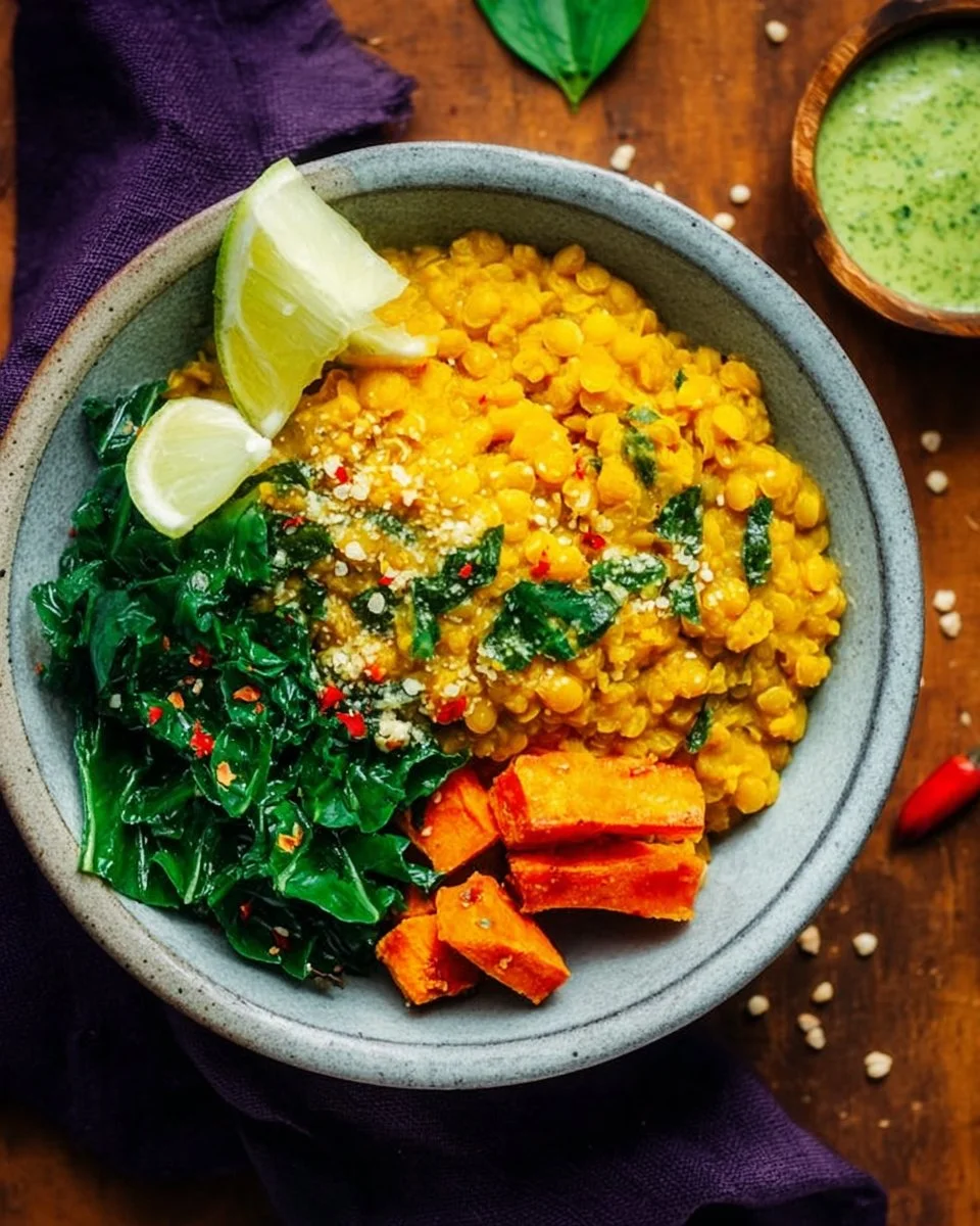 Vegan Curried Lentil Bowl 1 Vegan Curried Lentil Bowl topped with fresh herbs and spices