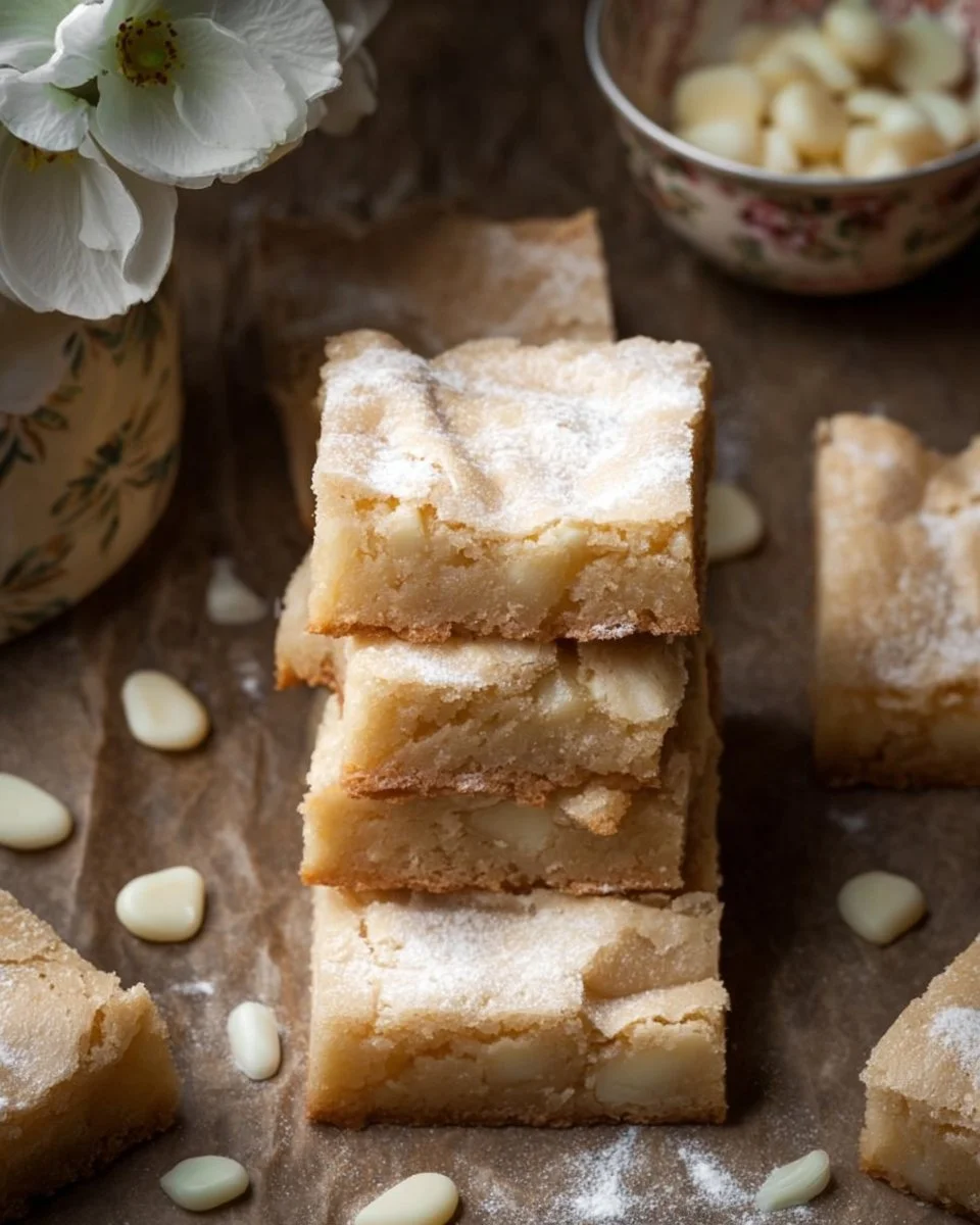 Deliciously moist white chocolate brownies on a plate