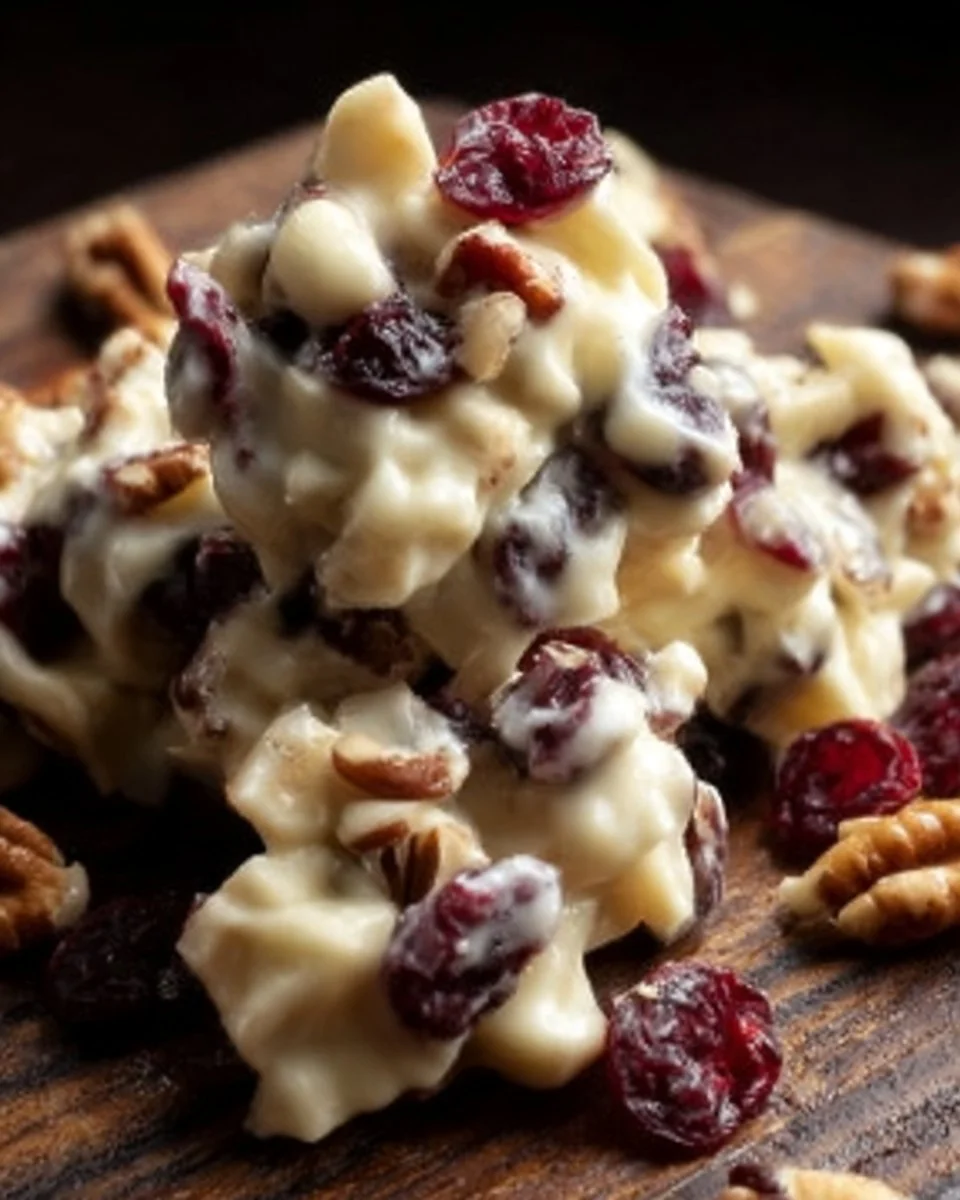 White Chocolate Cranberry Pecan Clusters 1 White chocolate cranberry pecan clusters in a bowl, ready to enjoy.