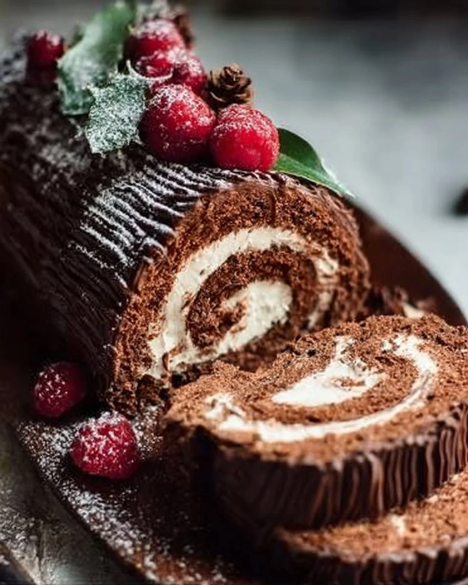 Yule Log Cake (Christmas Log) 1 Delicious Yule Log Cake decorated for Christmas festivities