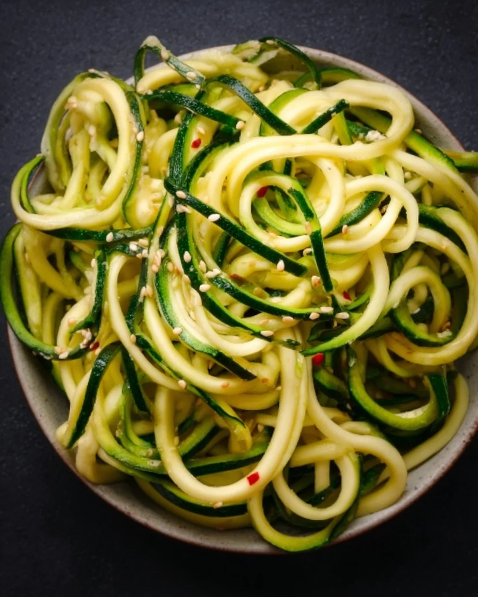 Plate of fresh zucchini noodles (zoodles) garnished with vegetables and sauce