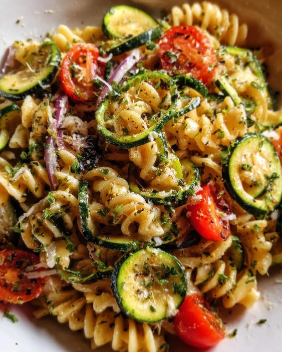 Delicious zucchini pasta salad with fresh vegetables and dressing