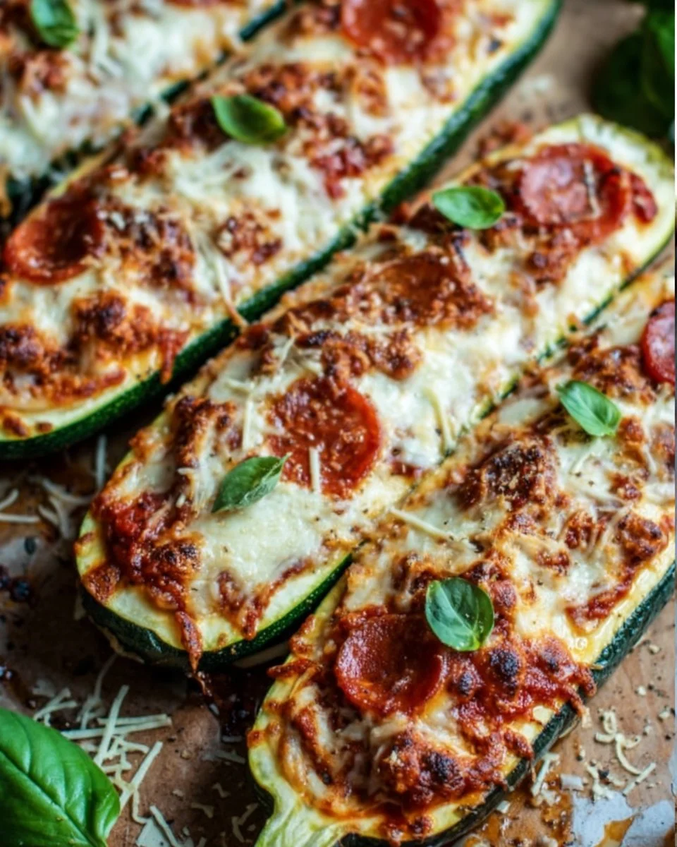 Delicious zucchini pizza boats topped with cheese, tomatoes, and herbs