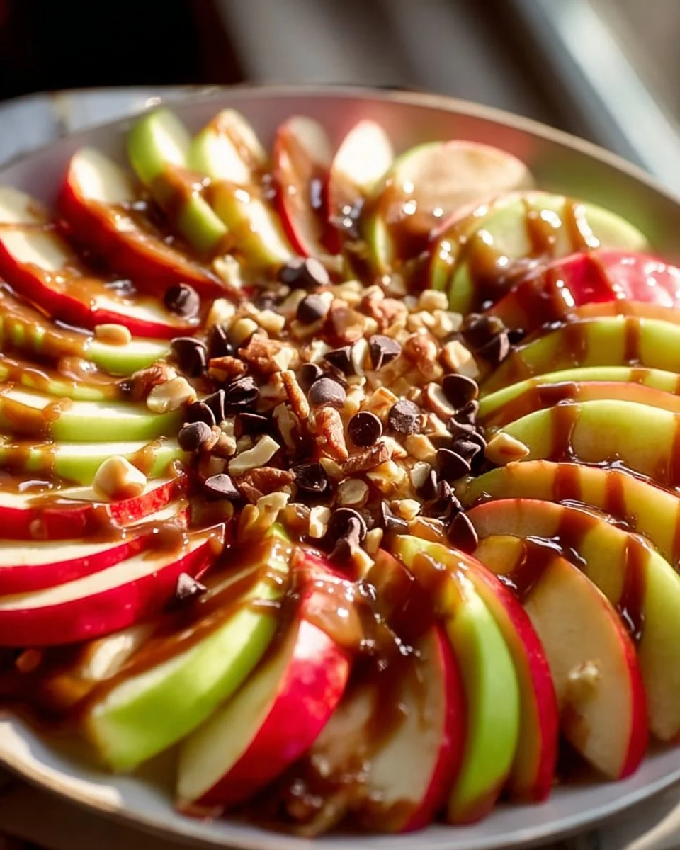 Deliciously drizzled caramel apple nachos topped with chocolate and nuts.