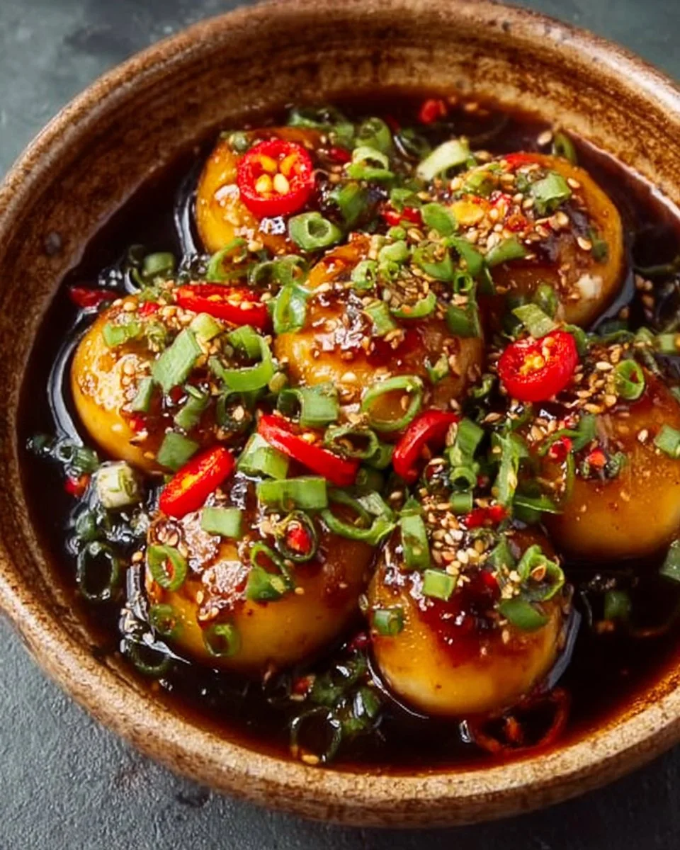 Delicious Mayak Eggs, Korean marinated eggs in a bowl with sauce and spices