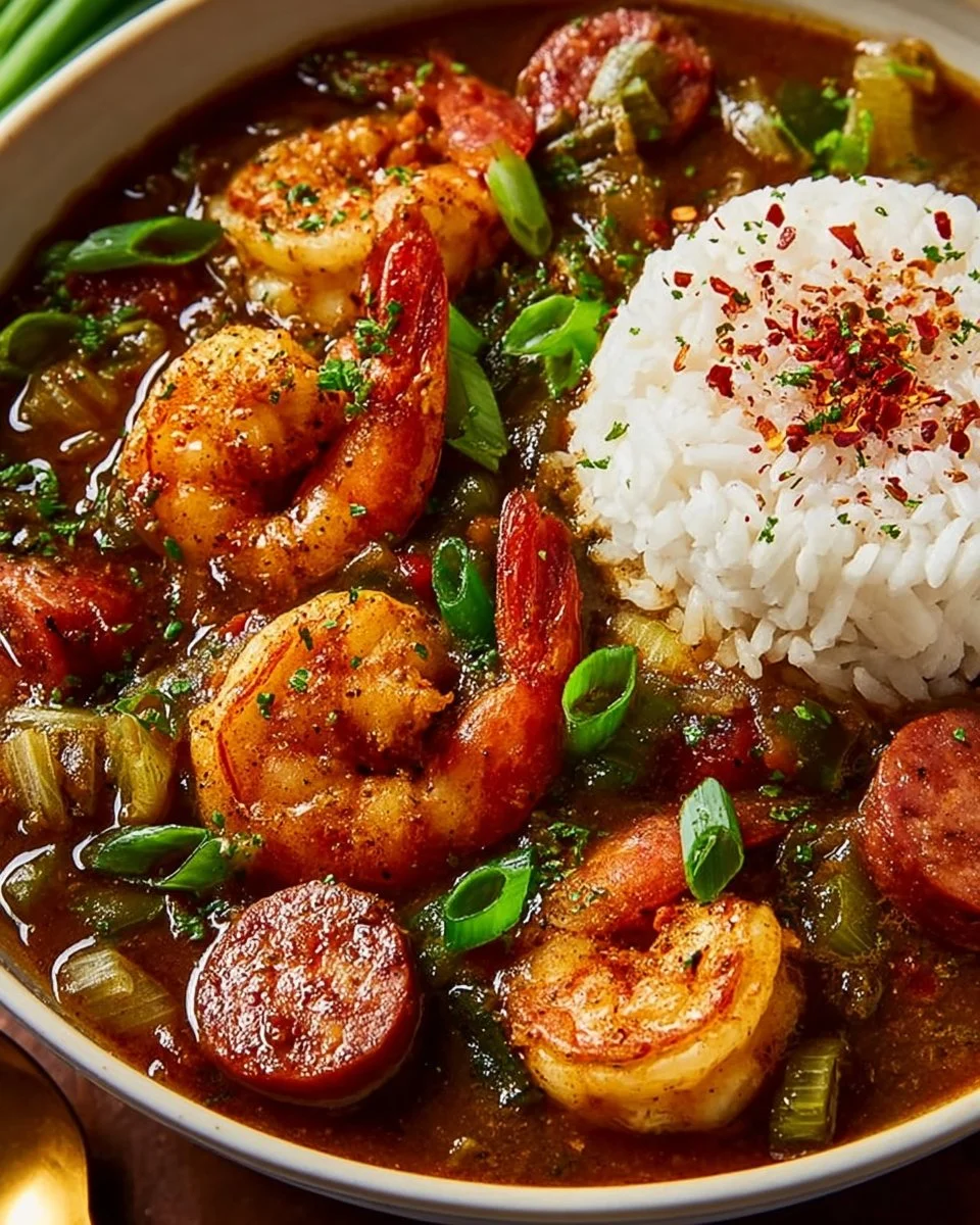Bowl of authentic shrimp gumbo with vegetables and spices.