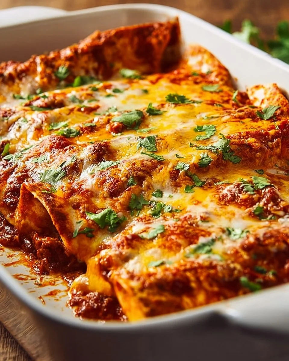 Baked beef enchiladas topped with red sauce and cheese, served on a plate.