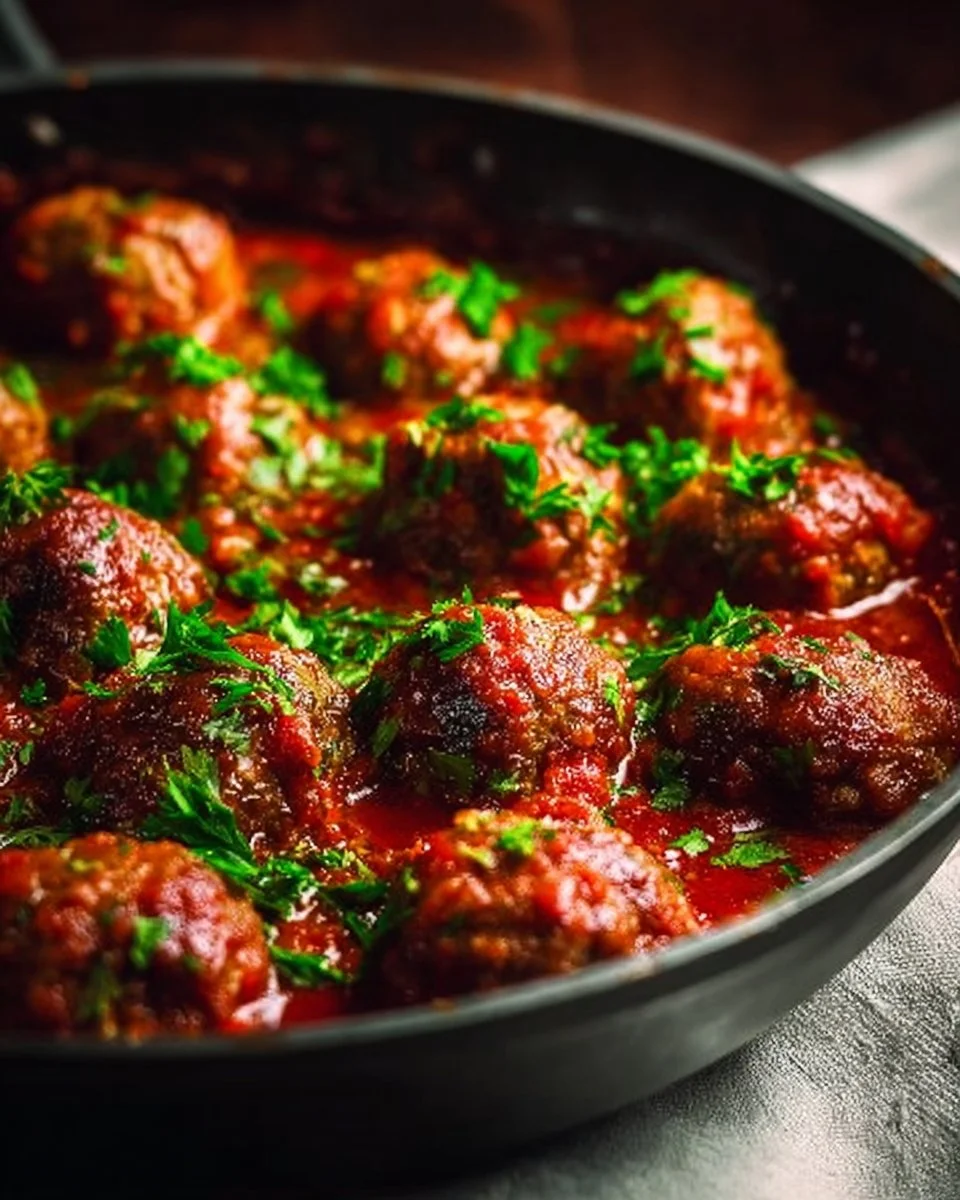 Baked ground beef meatballs on a plate garnished with herbs